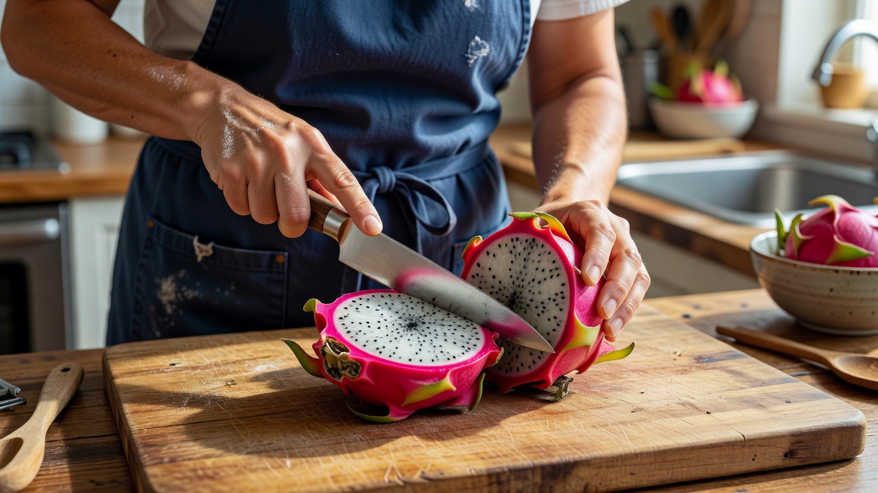 Home cook halving a bright pink dragon fruit on a wooden board, showing speckled white flesh