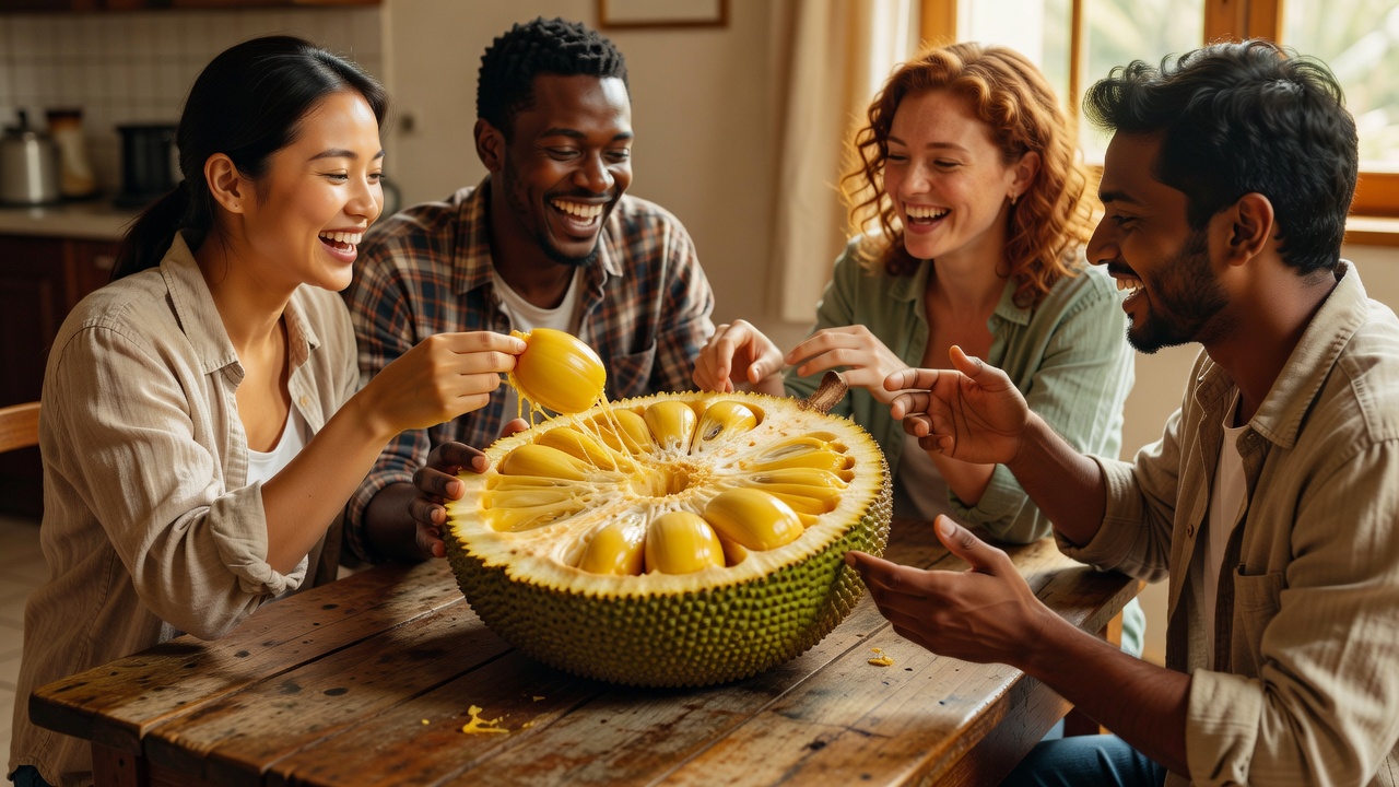 Friends around a wooden kitchen table pulling golden bulbs from a split jackfruit