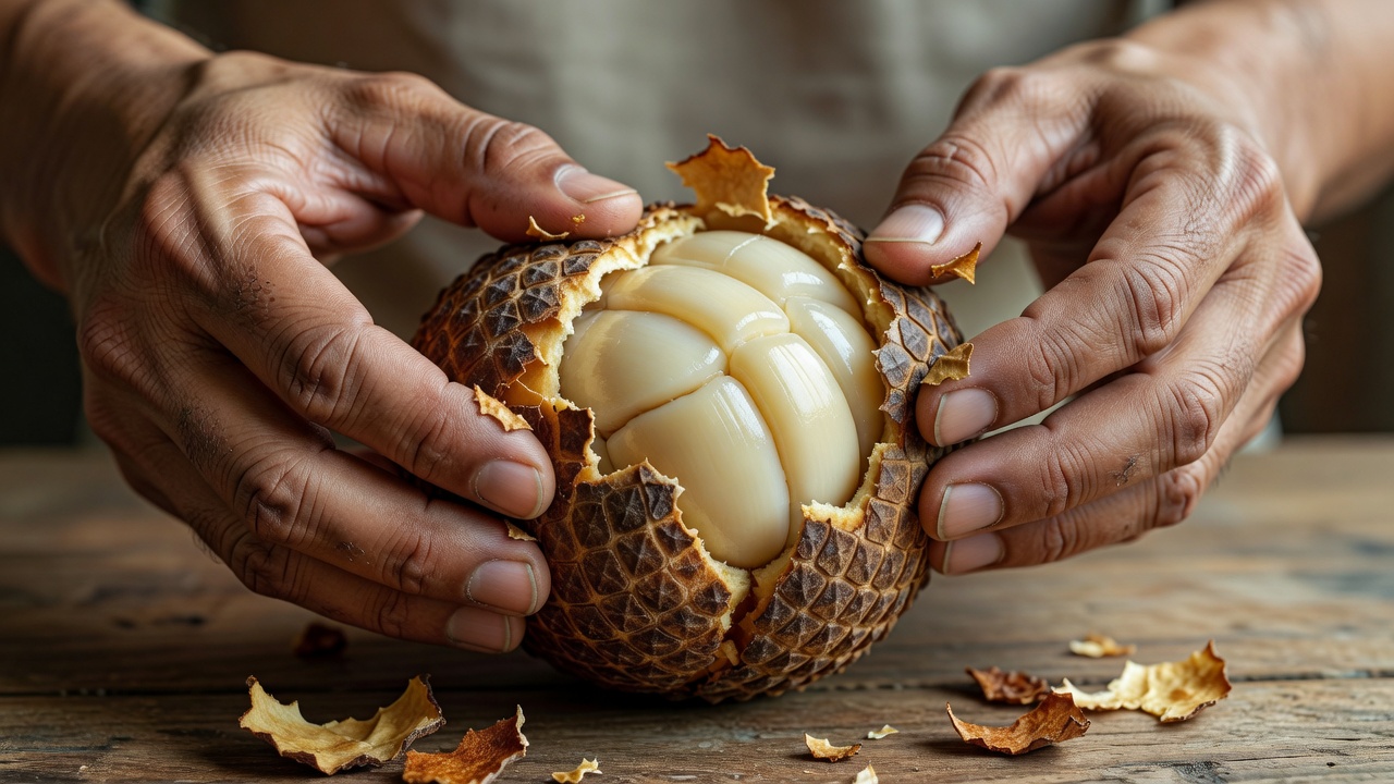 Hands peeling the scaly brown skin from a salak snake fruit to reveal pale cream lobes