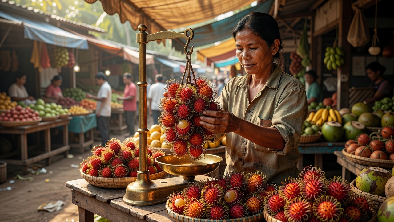 Vendor weighing a bunch of red rambutan on a hanging brass scale at an open-air market